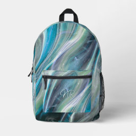 Turquoise Blue Elegant Marble Uw Monogram toevoege Bedrukte Rugzak