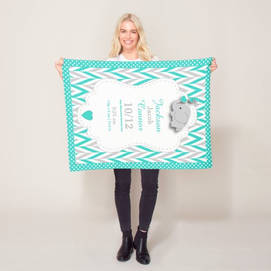 Turquoise Blue Elephant Birth Keepomwille Design Fleece Deken (In situ)