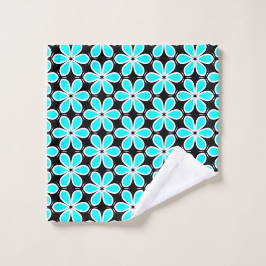 Turquoise Blue en Black Floral Pattern Bad Handdoek (Wasdoekje)