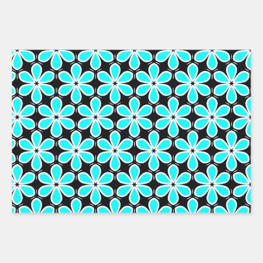 Turquoise Blue en Black Floral Pattern Inpakpapier Vel (Voorkant)