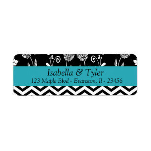 Turquoise Blue en Black Floral Return Address Etiket