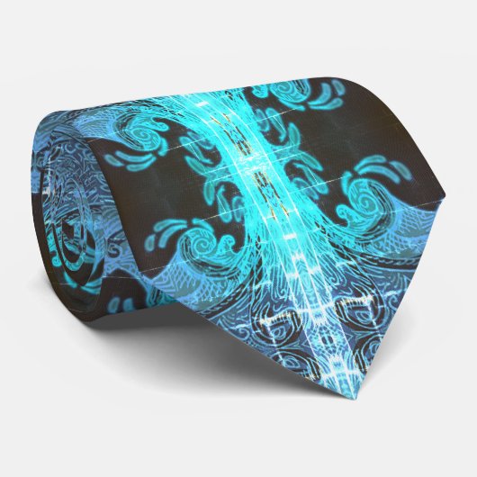 Turquoise Blue en Black Wave Stropdas (Opgerold)