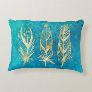 Turquoise Blue en Gold Feathers Accent Kussen