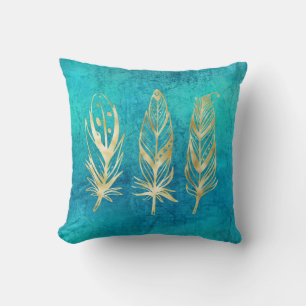 Turquoise Blue en Gold Feathers Kussen