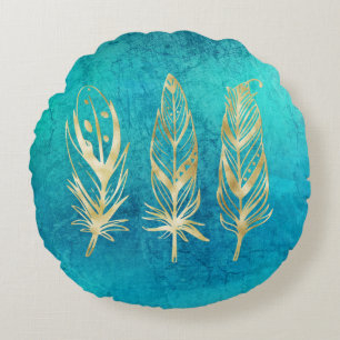 Turquoise Blue en Gold Feathers Rond Kussen