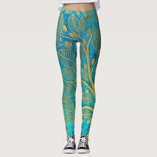 Turquoise Blue en Gold Tree Leggings (Voorkant)