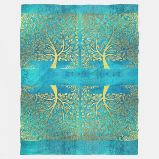 Turquoise Blue en Gold Tree of Life Fleece Deken (Voorkant)