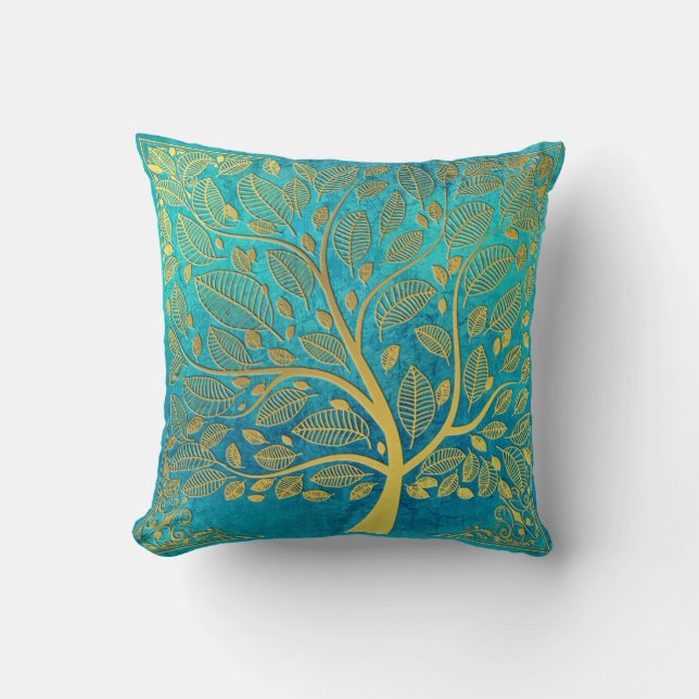 Turquoise Blue en Gold Tree of Life Kussen (Voorkant)