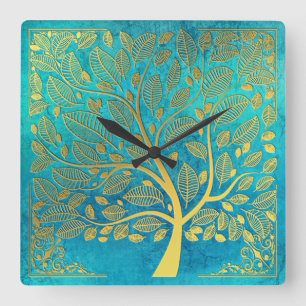 Turquoise Blue en Gold Tree of Life Vierkante Klok