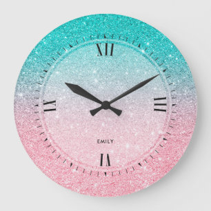 Turquoise-Blue en Salmon Pink faux Glitter Grote Klok