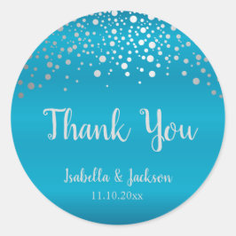 Turquoise Blue en Silver Confetti Stippen Ronde Sticker