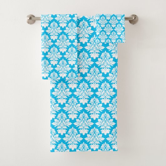 Turquoise Blue en White Damask Bath Towel Set Bad Handdoek (Insitu)