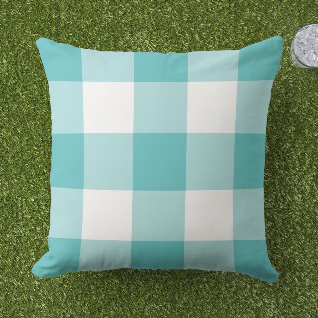 Turquoise Blue en White Gingham Pset Pattern Buitenkussen (Gras)