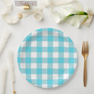 Turquoise Blue en White Gingham Summer Picnic Papieren Bordje