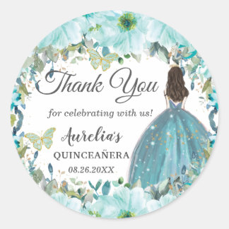 Turquoise Blue Floral Butterflies Princess Favor Ronde Sticker