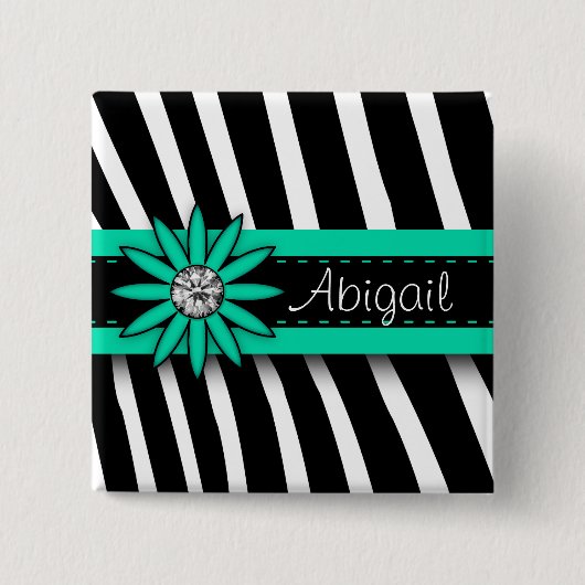 Turquoise Blue Floral Gem & Zebra Pattern Vierkante Button 5,1 Cm (Voorkant)