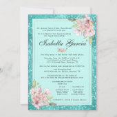 Turquoise Blue Floral Quinceañera Invitation Anniv (Devant)