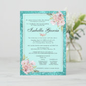 Turquoise Blue Floral Quinceañera Invitation Anniv (Debout devant)
