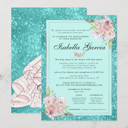 Turquoise Blue Floral Quinceañera Invitation Anniv (Devant / Derrière)