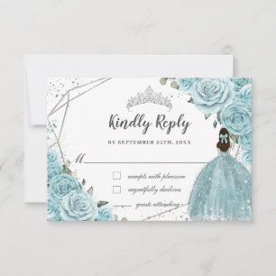 Turquoise Blue Floral Silver Quinceañera Princess RSVP Kaartje