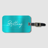 Turquoise Blue Folie Modern Brush Script First Nam Bagagelabel (Voorkant (horizontaal))