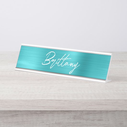 Turquoise Blue Folie Modern Brush Script First Nam Bureau Naambordje (Voorkant)