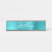 Turquoise Blue Folie Modern Brush Script First Nam Bureau Naambordje (Voorkant)