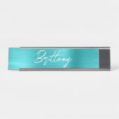 Turquoise Blue Folie Modern Brush Script First Nam Bureau Naambordje (Voorkant)