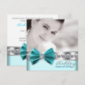 Turquoise Blue Girl Photo Graduation Faire-part (Devant / Derrière)
