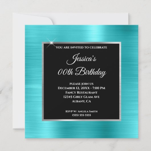Turquoise Blue Glam Silver Black Lijst Birthday Kaart (Voorkant)