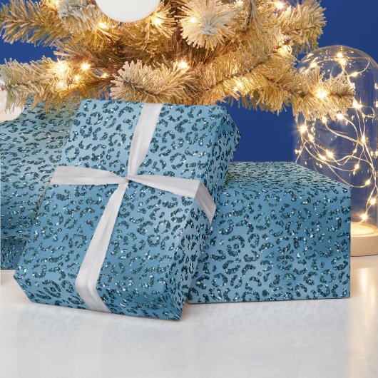 Turquoise Blue Glitter Leopard Print Cadeaupapier (Feestdagen)