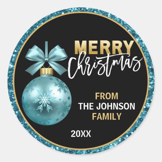Turquoise Blue Glitter Merry Kerstmis Ronde Sticker (Voorkant)