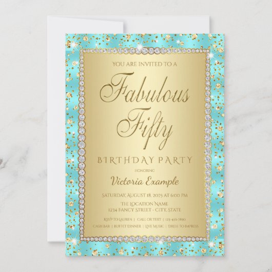 Turquoise Blue Gold 50e anniversaire Invitations (Devant)