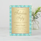 Turquoise Blue Gold 50e anniversaire Invitations (Debout devant)