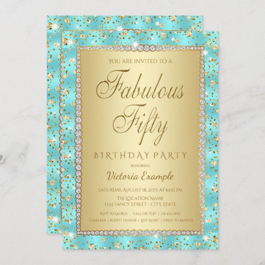 Turquoise Blue Gold 50e anniversaire Invitations (Devant / Derrière)