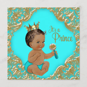 Turquoise Blue Gold Ethnic Prince Baby shower Kaart
