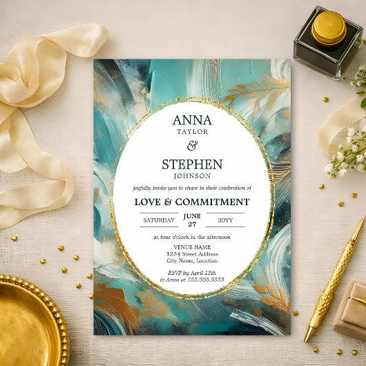 Turquoise Blue Gold Love & Commitment Ceremony Kaart