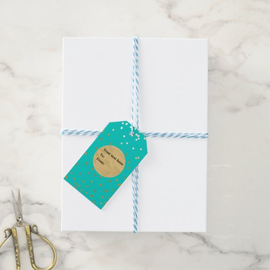 Turquoise Blue & Gold Shiny Confetti Stippen Moder Cadeaulabel (Met Touw)