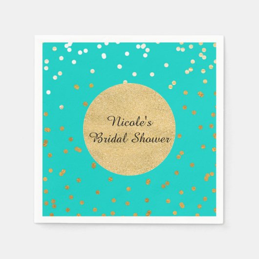 Turquoise Blue & Gold Shiny Confetti Stippen Moder Servetten (Voorkant)