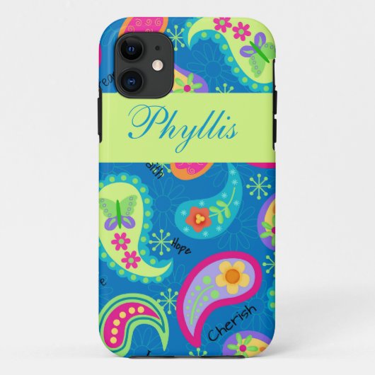 Turquoise Blue Green Modern Paisley Pattern Name Case-Mate iPhone Case (Achterkant)
