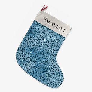 Turquoise Blue Leopard Print Glitter Grote Kerstsok