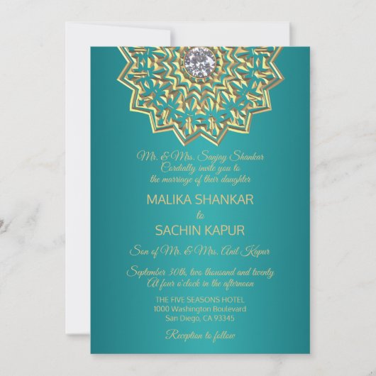 Turquoise Blue Mandala Gold Faire-part de mariage (Devant)