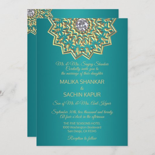 Turquoise Blue Mandala Gold Faire-part de mariage (Devant / Derrière)