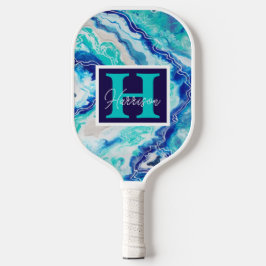 Turquoise Blue Marble Monogram Name Persoonlijk Pickleball Paddle