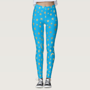 Turquoise Blue met goudoliestars en moons Leggings