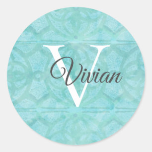 Turquoise Blue met witte monogram naam Ronde Sticker