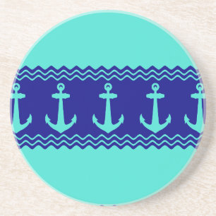 Turquoise Blue Nautical Anchor Coastal Stripes Zandsteen Onderzetter