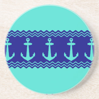 Turquoise Blue Nautical Anchor Coastal Stripes Zandsteen Onderzetter