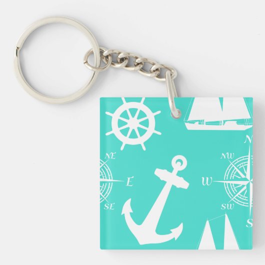 Turquoise Blue Nautical Pattern Sleutelhanger (Voorkant)