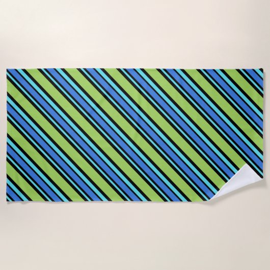 Turquoise Blue Neon Green Black Deckstoel Stripes Strandlaken (Voorkant)